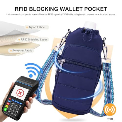 Water Bottle Bag 40 oz Crossbody Holder for Walking Hiking Insulated Carrier Purse with Adjustable Strap - color: Blue
