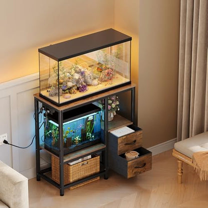 20-29 Gallon Fish Tank Stand with Power Outlet Vintage Metal Aquarium Stand with 2 Fabric Drawers Heavy Duty Reptile Tank Stand with 3-Tier Adjustable Storage Shelves, Left-Right Mounting