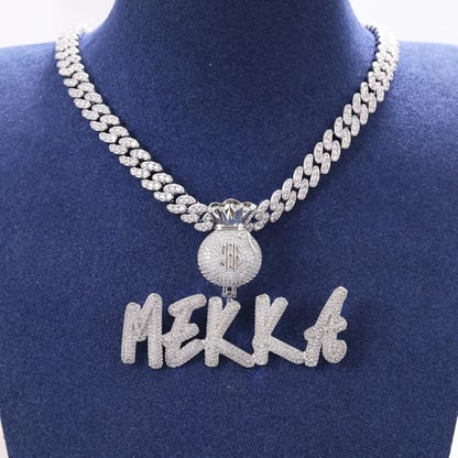 Lulu Mel Iced Out Personalized Cursive Name Necklace For Trendy Women, Custom Handmade Nameplate Pendant With Cuban Link Chain, White Gold Plated Hip Hop CZ Diamond Jewelry Gifts - color: Silver/Money Bag Bail