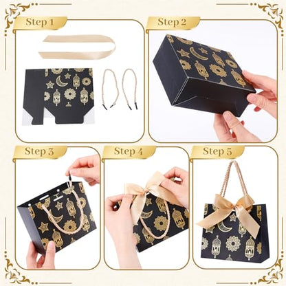 Marspark 30 Pcs Ramadan Mubarak Reusable Gift Bags with Bow, Black Gold Foil Stamping, Eid Lantern Treat Bags with Handles, Reusable Eid for Gifts Wrapping, Kareem Party Supplies, 14 * 6 * 12cm - style: Eid Lantern