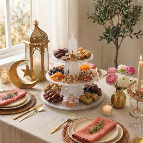 Iwa Concept Ramadan 3-Tier Dessert Stand with Dome Silhouette – Eid Mubarak Table Centerpiece, Islamic Acrylic Tower for Dates, Sweets & Pastries, 12in or 17.7in, 4 Colors - color: Frosted, size: 17.7" x 17.7"