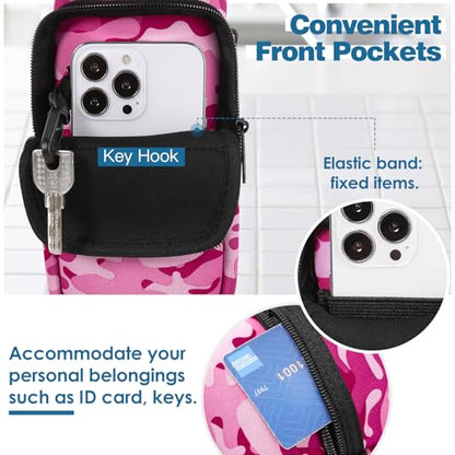 Nuovoware Water Bottle Carrier Bag, 25oz/32oz, Camouflage Pink | Adjustable Shoulder Hand Strap, 2 Pocket, Neoprene Sleeve, For Hiking Travelling Camping - color: Camouflage Pink, size: 25-32 Ounces - Standard