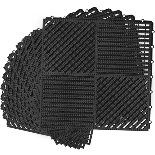 MYFAMIREA Modular Interlocking Cushion 12 Pack 11.8" x 11.8" Rubber Floor Tiles Non-Slip Splicing Drainage Mats for Deck, Pool, Shower, Patio, Balcony, Bathroom, Kitchen, Yard (2 Rows Dots, Black) - size: 12 PCS-2 Rows Dots