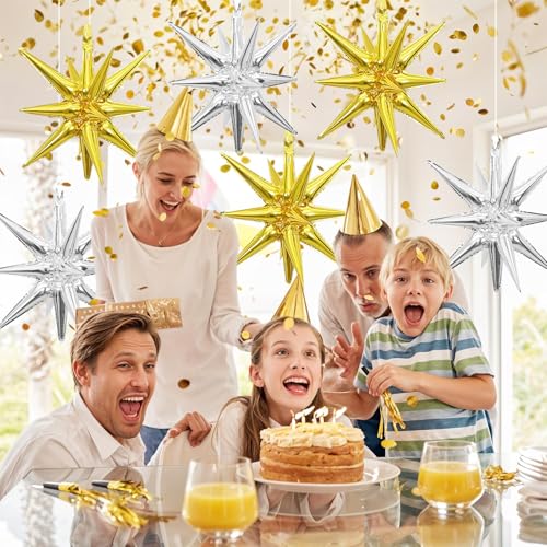 Gold Silver Star Balloons, 6PCS 22 Inch Foil Explosion Star Balloons - color: Gold Silver