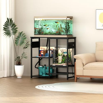 GRLEAF 20-30 Gallon Fish Tank Stand with Power Outlets, 4 Tier Metal Aquarium Stand with Wood Storage Shelves, 30.7" L x 13.8" W x 30.3" H Turtle Reptile Fish Tank Table Aquarium Table - Black - size: 20-30 Gallon