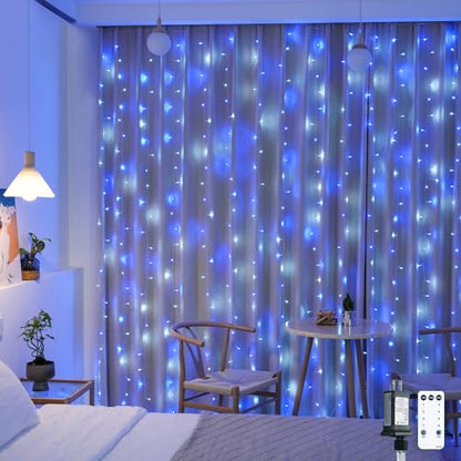 JMEXSUSS 300LED Christmas Curtain Lights Plug in, Blue and White, 9.8x9.8ft - color: Blue and White, size: 300 LED