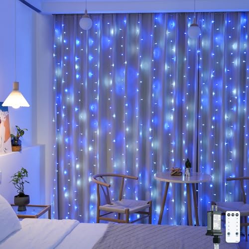 JMEXSUSS 300LED Christmas Curtain Lights Plug in, Blue and White, 9.8x9.8ft - color: Blue and White, size: 300 LED