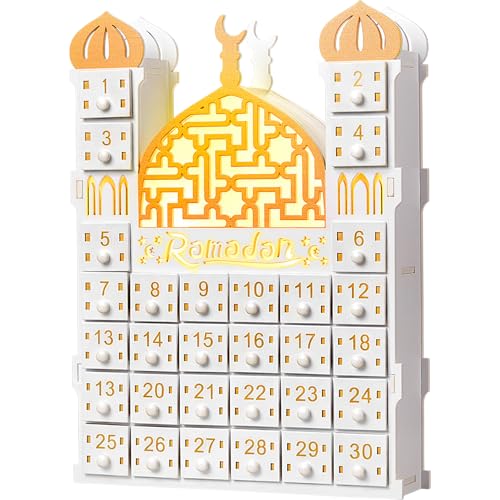 Glooglitter Wooden Ramadan Advent Calendar 30 Storage Drawers Ramadan Countdown Calendar 30 Days Advent Muslim Islam Castle Decorations for Eid Party Supplies