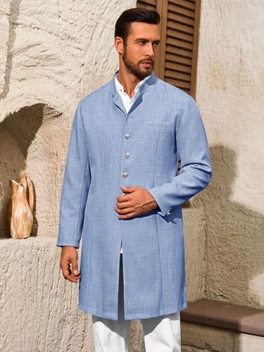 Runcati Mens Kurta Coats Indian Mandarin Collar Attire Ethnic Outfits Wedding Festive Party Clothing Casual Kaftan Robe - color: Light Blue, size: Medium