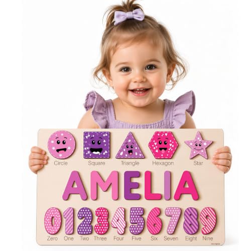 Zuzu Wooden Personalized Letter, Number and Shape Puzzle - 12 Options | First Birthday Gift for Toddlers Boys and Girls | Heirloom Keepsake - color: Numbers and Shapes