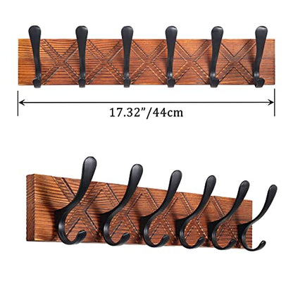 SKOLOO Coat Rack Wall Mount - Antique Wooden Carved- X Cross Coat Hook,Pack of 2, Wall Coat Hanger with 6 Hooks for Hanging Coats, Hats, Clothing, Scarfs, Brown & Black - color: Brown- X Cross