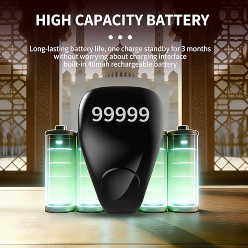 Smart Tasbih Zikr Ring,Adjustable Counter, 3 Sizes (18,20,22mm) Muslim Digital Azan Alarm Clock,APP Support Digital Counter Prayer Reminder Rings, Waterproof 5 Digit Finger Counter zikr Ring - color: Black