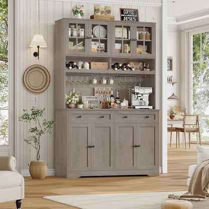 HOSTACK Kitchen Pantry Storage Cabinet, Coffee Bar Hutch Cabinet, Ash Gray | 75.4" Tall Pantry Cabinet with Charging Station / Countertop / Glass Doors / Wine Rack / Cup Holder / Drawers, Dining Room - color: Ash Gray