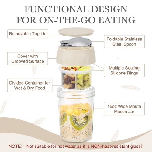 SOLIGT 2 Pack Overnight Oats Containers with Lids, Folding Spoons and Divided Compartments for Fruit & Nuts, Small Glass 16oz Mason Jars for Oatmeal Yogurt Parfait (2 Set-Oat White/Oat White) - color: 2 Set-Oat White/Oat White
