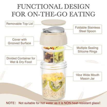 SOLIGT 2 Pack Overnight Oats Containers with Lids, Folding Spoons and Divided Compartments for Fruit & Nuts, Small Glass 16oz Mason Jars for Oatmeal Yogurt Parfait (2 Set-Oat White/Oat White) - color: 2 Set-Oat White/Oat White