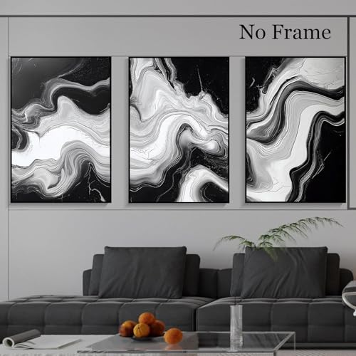 Black And White Marble Canvas Wall Art Modern Abstract Painting White Grey Prints Modern Black And Grey Canvas Dark Abstract Paintings minimalist Marble Painting For Living Room 16x24inchx3 Frameless - color: White