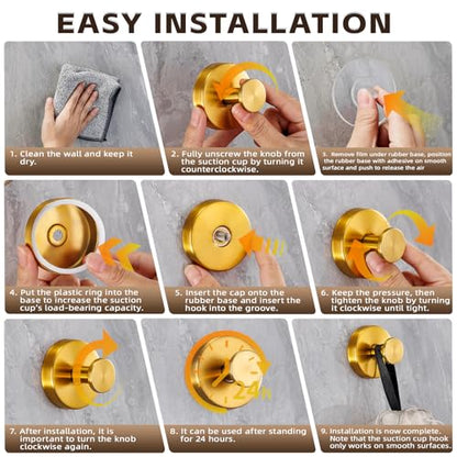 Suction Cup Hooks for Shower,Stainless Steel Towel Hooks No Drill | Vacuum-Lock Mount, Removable and Reusable for Glass, Tile, Metal and Smooth Non-Porous Surfaces(2 Pack, Brushed Gold) - color: Brushed Gold