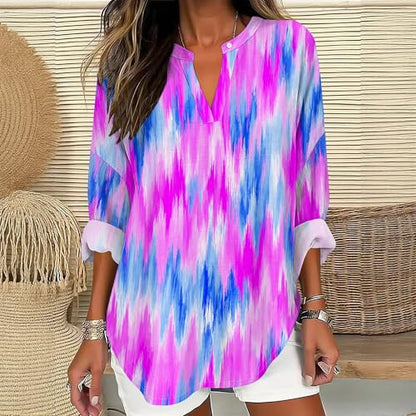 Tie Dye Style Shirt for Women V Neck Long Sleeve Blouse Cute Printed Casual Loose Fit Summer Beach Tunic Tops - color: Style14, size: Medium