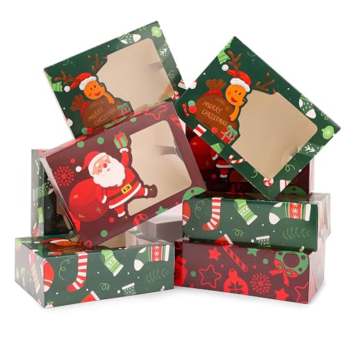 CHOUNYEE 24 Pack Christmas Cookie Boxes (8.25x6x2.75 Inch), Christmas Treat Boxes for Gift Giving, Bakery Boxes with Window for Exchange Gift, Holiday Food Cookie gift Containers - color: Christmas(Red,green)