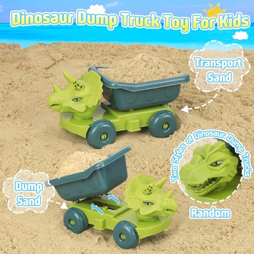 FUSPWEAO Beach Toys with Dump Truck, Collapsible Bucket for Kids Ages 3-12 | Dinosaur Sand Play Set with Sand Molds, Travel Mesh Bag for Sandbox, Backyard, Summer Beach Games, Multi-Scene Outdoor Fun