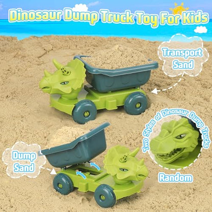 FUSPWEAO Beach Toys with Dump Truck, Collapsible Bucket for Kids Ages 3-12 | Dinosaur Sand Play Set with Sand Molds, Travel Mesh Bag for Sandbox, Backyard, Summer Beach Games, Multi-Scene Outdoor Fun