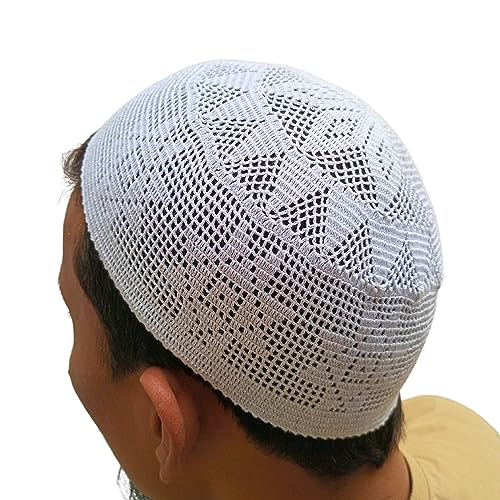 Muslim Prayer Caps by Feeha - White Knitted Kufi, Zakir Naik Caps, Taqiya Takke Peci for Men