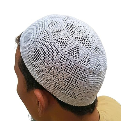 Muslim Prayer Caps by Feeha - White Knitted Kufi, Zakir Naik Caps, Taqiya Takke Peci for Men