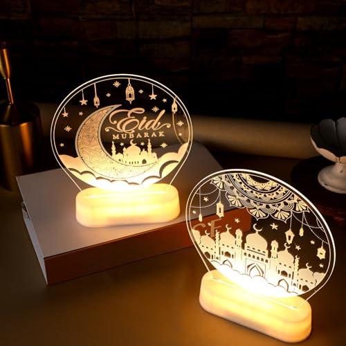 2 Pcs Ramadan Decorations Lights for Home Eid Mubarak Table Decor LED Ramadan Night Lights Crescent Moon Castle Lantern Centerpiece for Home Islamic Mosque Muslims Crafts Table Decor Eid Gifts(Cute) - style: Cute