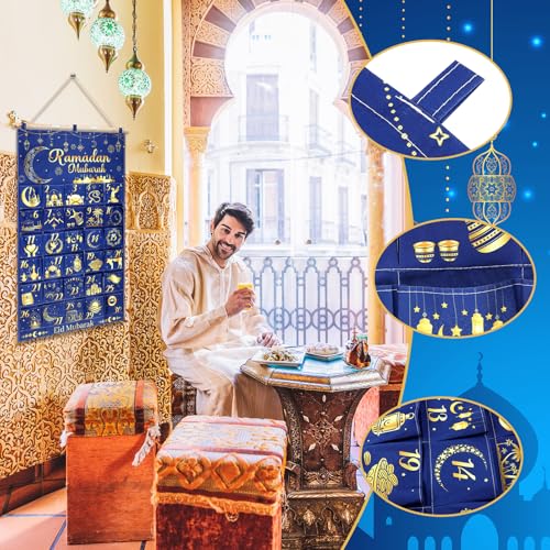 Fabric Ramadan Countdown Calendar 2026 Eid Mubarak Advent Hanging Calendar 30 Days Mystery Eid Ramadan Countdown Calendar with 30 Pockets Reusable for Home Wall Decor Party Supplies