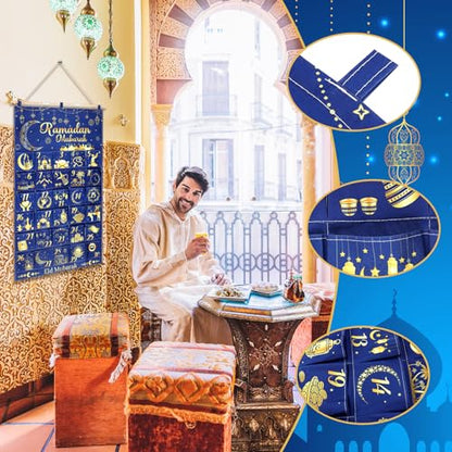 Fabric Ramadan Countdown Calendar 2026 Eid Mubarak Advent Hanging Calendar 30 Days Mystery Eid Ramadan Countdown Calendar with 30 Pockets Reusable for Home Wall Decor Party Supplies