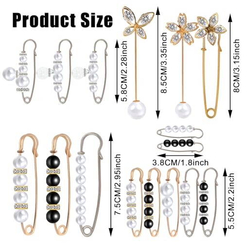 16 Pieces Pearl Crystal Brooch Safety Pins Hijab Pins Pant Waist Tightener Safety Pins for Clothes Sweater Shawl Collar Dress Cardigan Shirt Jeans Decoration Accessories for Women Girls