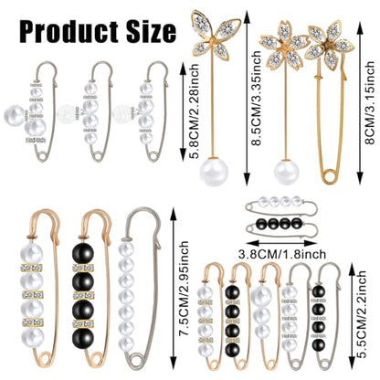 16 Pieces Pearl Crystal Brooch Safety Pins Hijab Pins Pant Waist Tightener Safety Pins for Clothes Sweater Shawl Collar Dress Cardigan Shirt Jeans Decoration Accessories for Women Girls