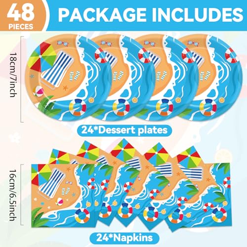 Qyeahkj 48Pcs Summer Beach Paper Plates and Napkins, Hawaiian Beach Theme Party Decorations, Hawaiian Pool Party Supplies, Summer Platters Disposable Tableware for Baby Shower Boys Girls Serves 24 - style: Beach