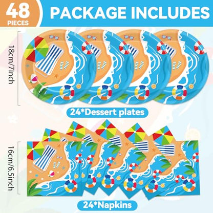 Qyeahkj 48Pcs Summer Beach Paper Plates and Napkins, Hawaiian Beach Theme Party Decorations, Hawaiian Pool Party Supplies, Summer Platters Disposable Tableware for Baby Shower Boys Girls Serves 24 - style: Beach