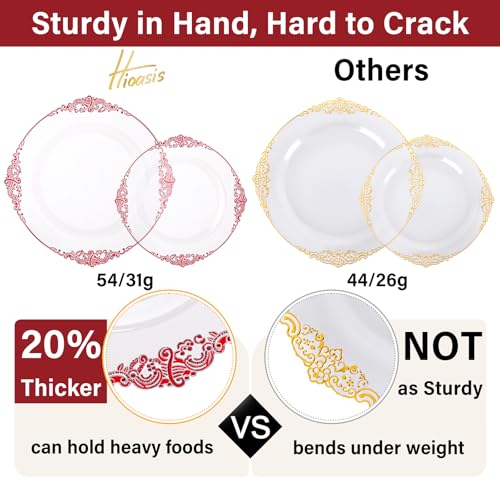 Hioasis 175pcs Clear and Red Plates - Red Party Plates for 25 Guest, Include 50 Heavy-duty Plates(20% Thicker Than Standard), 25 Pre Rolled Gold Plastic Silverware Set, 25 Cups for Graduation - color: Clear and Red