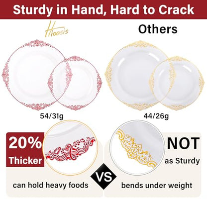 Hioasis 175pcs Clear and Red Plates - Red Party Plates for 25 Guest, Include 50 Heavy-duty Plates(20% Thicker Than Standard), 25 Pre Rolled Gold Plastic Silverware Set, 25 Cups for Graduation - color: Clear and Red