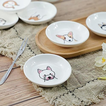 Super Cute Cartoon Animal Pattern Ceramic Sauce Dish/Seasoning Dish/Sushi Soy Dipping Bowl/Appetizer Plates/Serving Dish for Kitchen Home(Set of 6)-Dog Heads - color: Dog Head and Butt