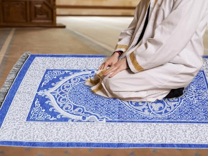 Anlising Muslim Prayer Rug and Beads with Elegant Box, Islamic Prayer Mat, Muslim Prayer Rug, Ramadan Prayer Blanket, for Muslim, Islamic, Ramadan, Eid al Fitr, Prayer (Blue,70x110CM)