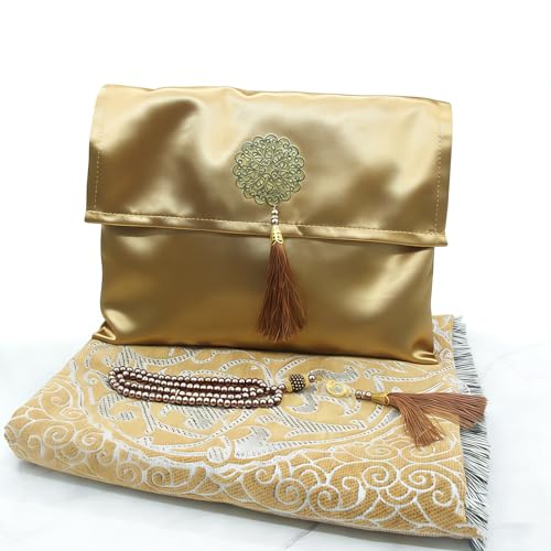 3pcs Set Muslim Prayer Rug with Tasbih and Portable Bag, Soft Mat Gift Set, Turkish Sajadah for Ramadan, Eid, Hajj, Travel, (Coffee) - color: Golden