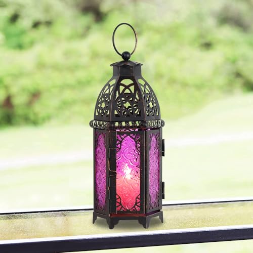 Halloween Lanterns Decorations Indoor & Outdoor, 11’’ Medium Size Vintage Metal Hanging&Tabletop Candle Holder Decor, Christmas Ramadan Decorations for Home Porch Patio (Purple) - color: Purple - 11''h, size: Medium