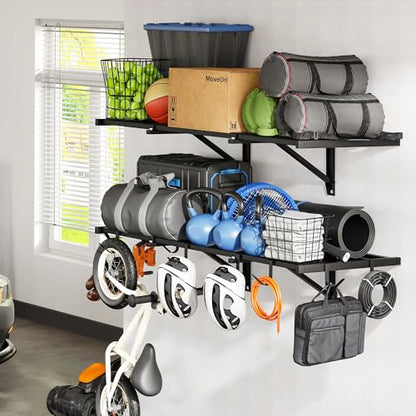 FLEXIMOUNTS 2x4ft Garage Wall Shelving, 2-Pack Heavy Duty Garage Shelving Wall Mounted with 8 Hooks, 400lbs Capacity, Storage for Power Tools, Garden Supplies, Storage Bins, Lite Series - size: 2pack 2x4ft w/ 8 hooks-400lbs