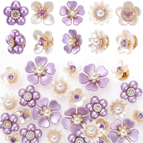 50 Pcs Pearl Rhinestone Brooch Pin Flower Embellishments Brooches and Pins for Women Lapel Pins No Sew Button Charms Accessories for Clothes Bags Wedding DIY Crafts, 5 Styles - color: Purple