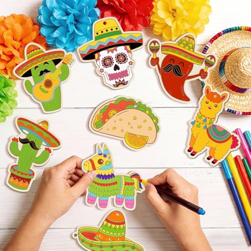 36피스 나무 Cinco De Mayo 공예 장식 멕시코 공예 아동용 피에스타 파티 장식품, 12가지 스타일 DIY 빈 미완성 컷아웃 나무 걸이 멕시코 테마 카니발 타코 생일 파티용 - color: 할로우 선인장