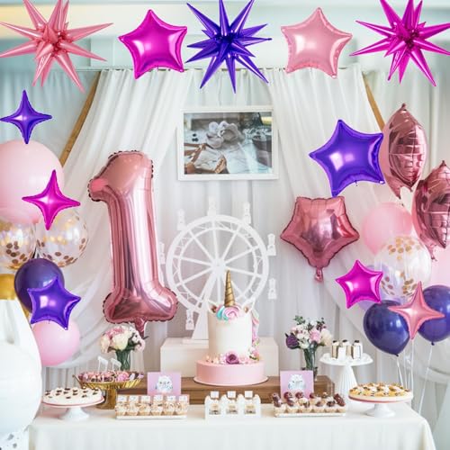 Hot Pink Purple Star Balloons,16Pcs 22/18/10 Inch Foil Princess Decorations - color: Hot Pink Purple