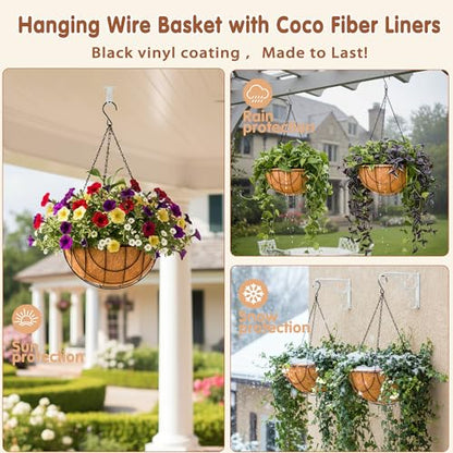12 inch Metal Hanging Baskets for Plants Outdoor 4 Pack Round Metal Wire Hanging Basket Planter with Coco Fiber Liners Chain Round Wire Plant Holder for Garden, Patio, Deck, Outdoor(Grid) - size: 12 Inch, style: Grid