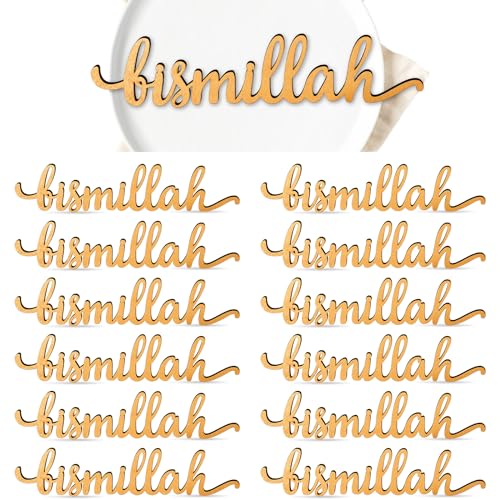 12 Pcs Ramadan Mubarak Wood Cutout Sign Bismillah Plate Word Sign Rustic Kareem Eid table Wall Decorations for Islamic Muslim Home Tabletop Decor(Ramadan Mubarak) - color: Gold, style: Ramadan Mubarak