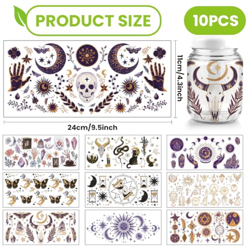 arricraft 10 Sheets Divination UV DTF Cup Wrap for 16OZ Glass, Moons Sun Skull Butterfly Rub on Decals PVC Transfer Stickers for DIY Cups Wood Funiture Magic Supplies - style: Divination Magic