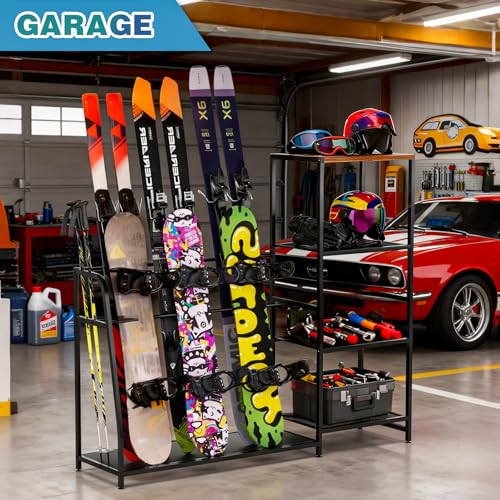 Ski-Snowboard Storage Rack Holder - Freestanding Ski Equipment Organizer Snowboard Boot Stand Garage Gear Storage - color: 3 Skis +3 Snowboards
