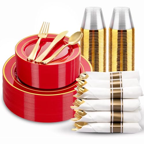 WDF Partyware 175 Pieces Red Plastic Plates with Gold Rim Include Dinner Plate 10" Dessert Plate 7" gold Cups 9 OZ, Pre Rolled Napkins 25 of each type for Wedding/Party/Birthday - color: Red, size: 175PCS