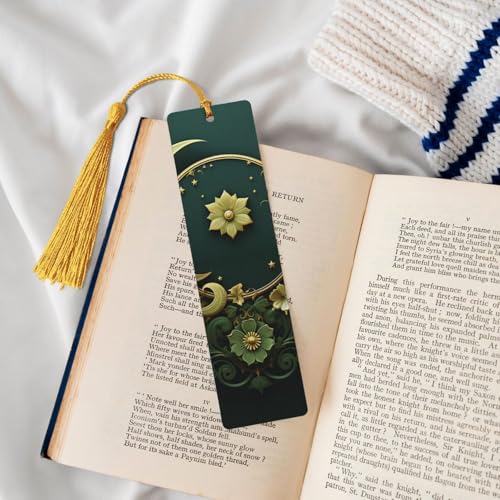 5 Pieces Wood Bookmark for Men Women Ramadan on Green Wallpaper Wooden Bookmarks Unique Handmade Book Marks with Tassel Pendant Craft Bookmark for Book Lovers Birthday Teachers Gift - color: Gold
